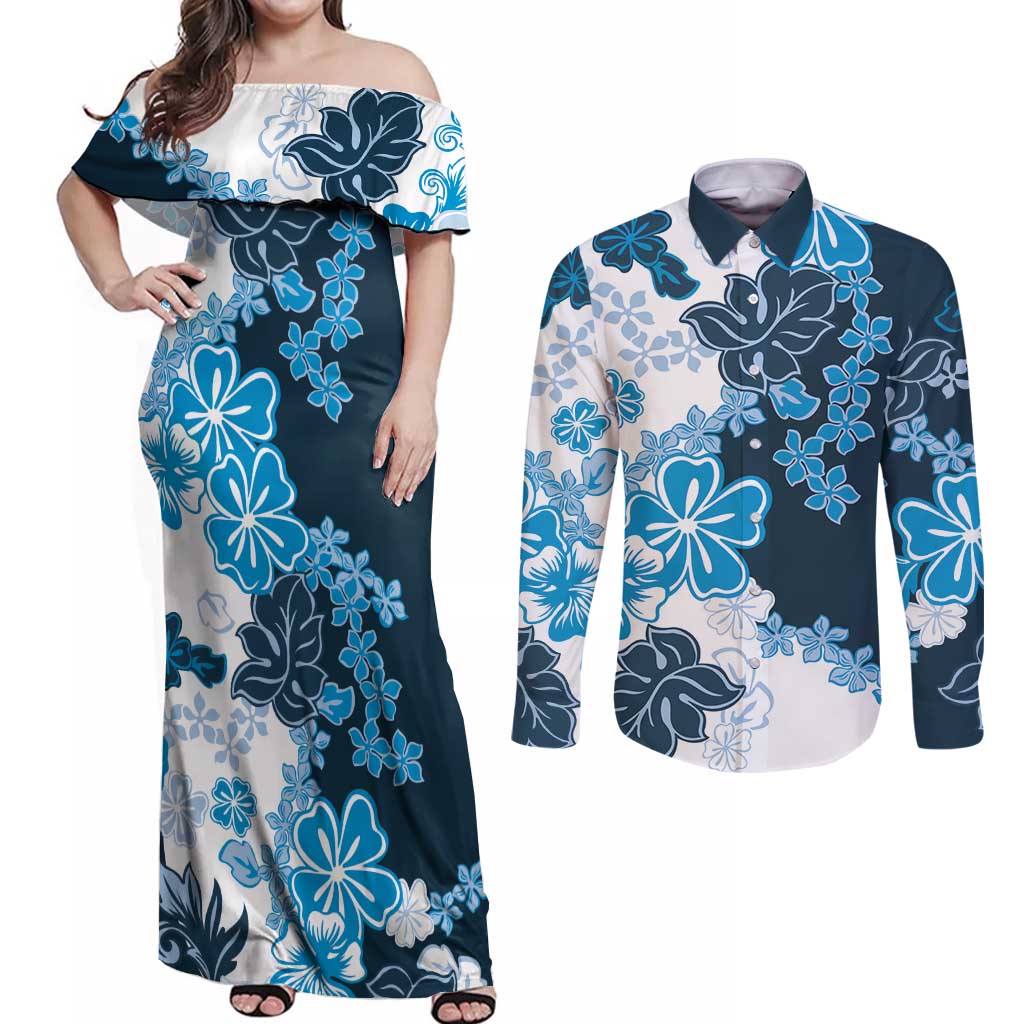 Blue Hibiscus Plumeria Floral Couples Matching Off Shoulder Maxi Dress and Long Sleeve Button Shirt - Polynesian Pride