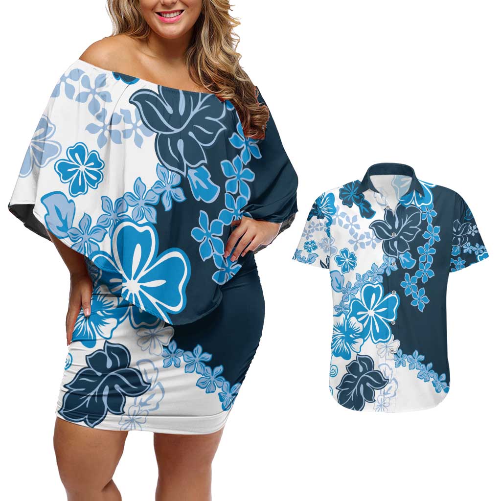 Blue Hibiscus Plumeria Floral Couples Matching Off Shoulder Short Dress and Hawaiian Shirt LT01 Blue - Polynesian Pride