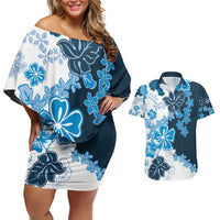 Blue Hibiscus Plumeria Floral Couples Matching Off Shoulder Short Dress and Hawaiian Shirt LT01 Blue - Polynesian Pride