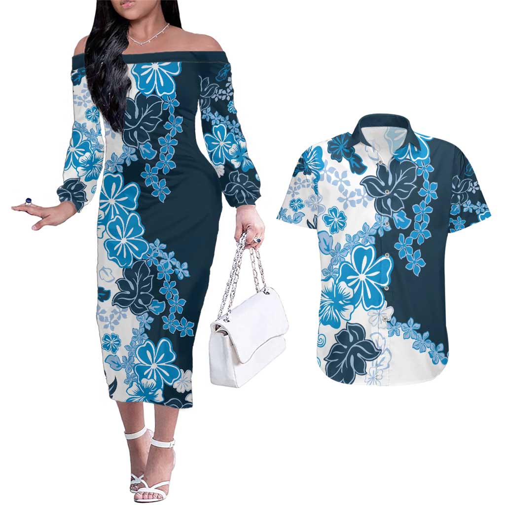 Blue Hibiscus Plumeria Floral Couples Matching Off The Shoulder Long Sleeve Dress and Hawaiian Shirt LT01 Blue - Polynesian Pride
