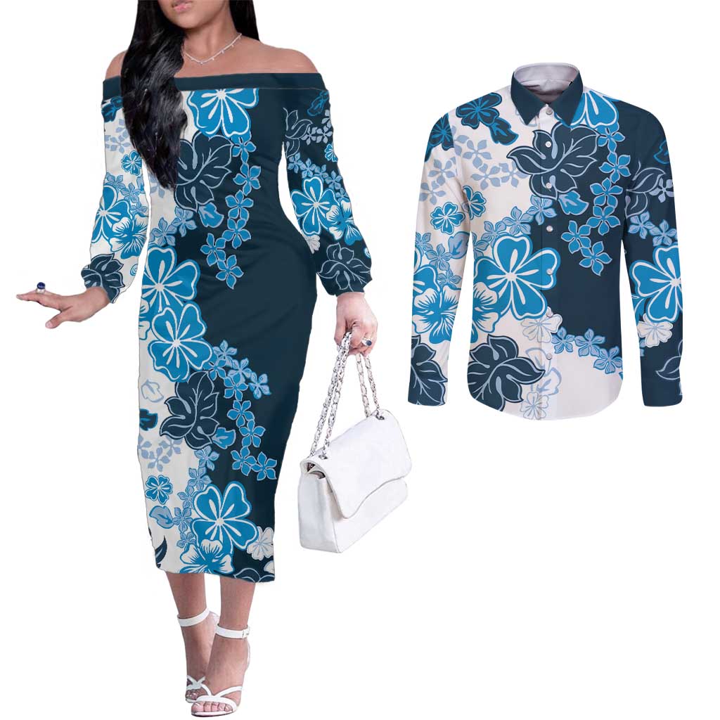 Blue Hibiscus Plumeria Floral Couples Matching Off The Shoulder Long Sleeve Dress and Long Sleeve Button Shirt LT01 Blue - Polynesian Pride