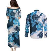 Blue Hibiscus Plumeria Floral Couples Matching Puletasi and Long Sleeve Button Shirt - Polynesian Pride