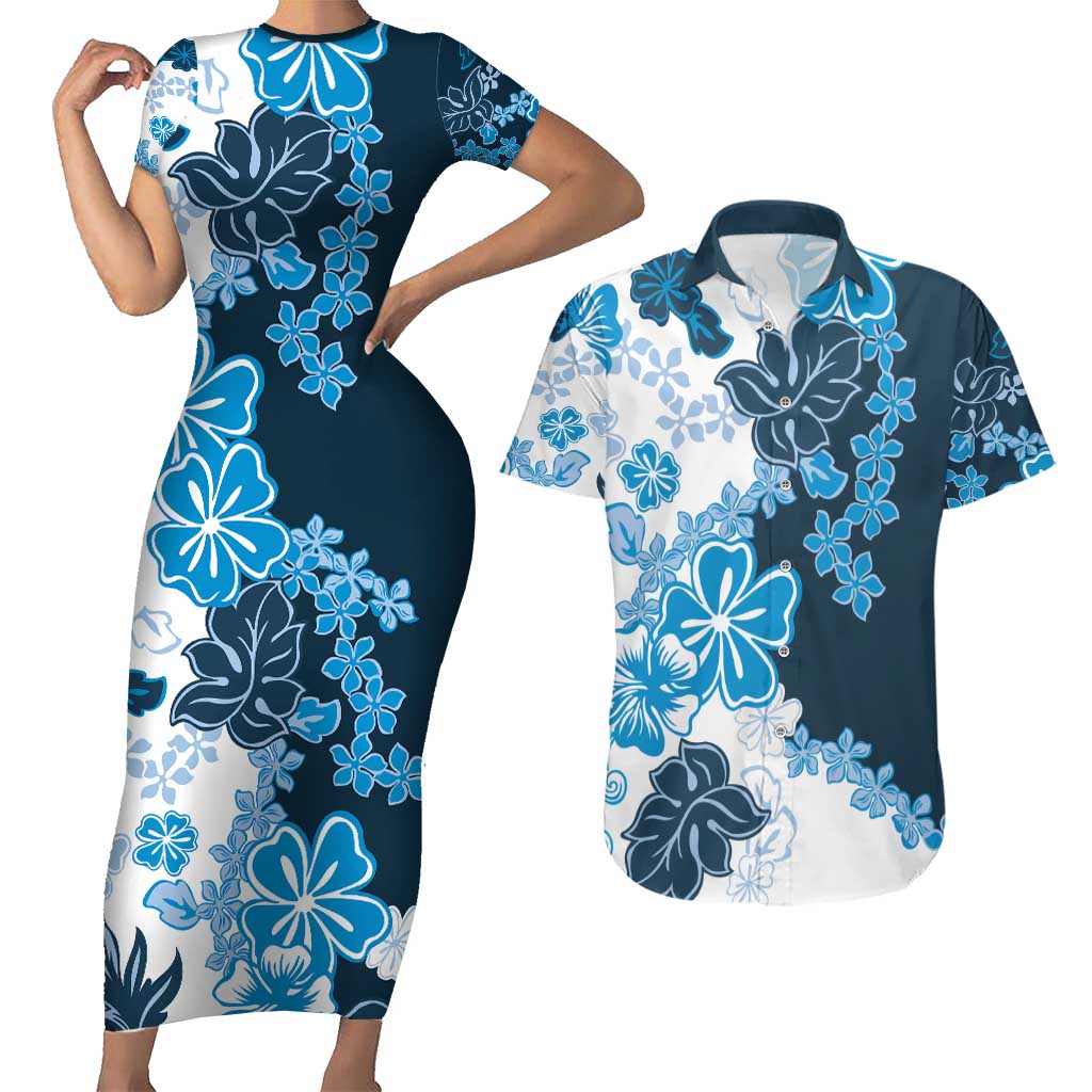Blue Hibiscus Plumeria Floral Couples Matching Short Sleeve Bodycon Dress and Hawaiian Shirt LT01 Blue - Polynesian Pride