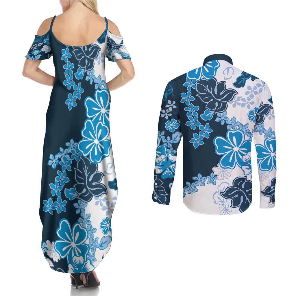 Blue Hibiscus Plumeria Floral Couples Matching Summer Maxi Dress and Long Sleeve Button Shirt - Polynesian Pride