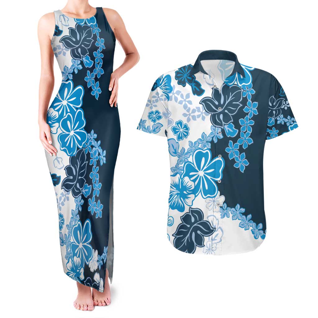 Blue Hibiscus Plumeria Floral Couples Matching Tank Maxi Dress and Hawaiian Shirt LT01 Blue - Polynesian Pride