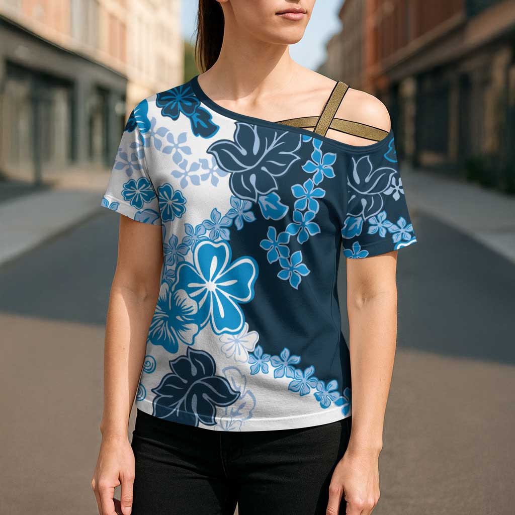 Blue Hibiscus Plumeria Floral Cross Shoulder Shirt - Polynesian Pride