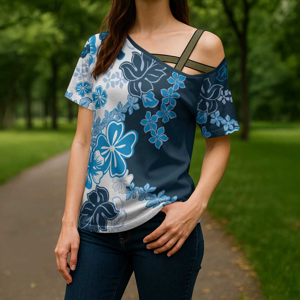 Blue Hibiscus Plumeria Floral Cross Shoulder Shirt - Polynesian Pride