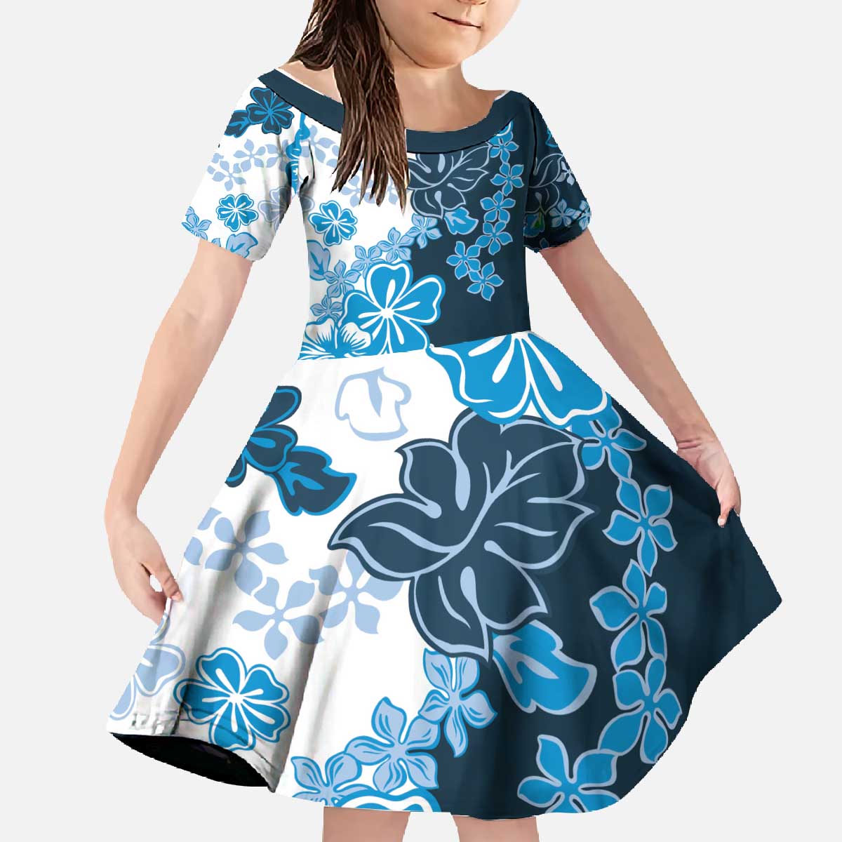 Blue Hibiscus Plumeria Floral Family Matching Off The Shoulder Long Sleeve Dress and Hawaiian Shirt LT01 Daughter's Dress Blue - Polynesian Pride