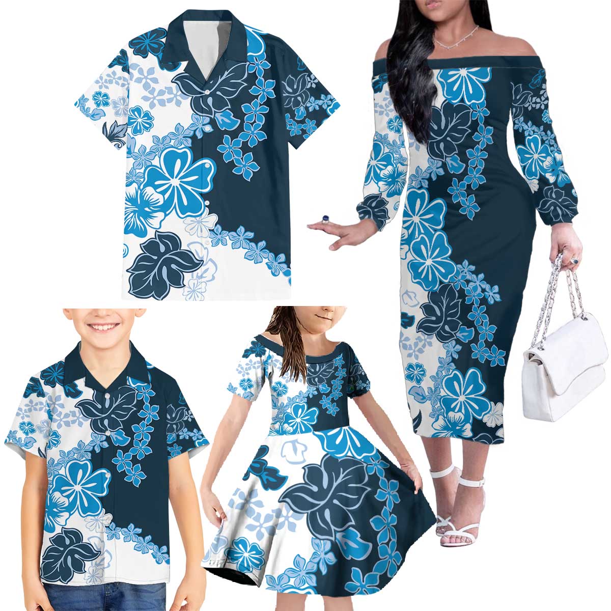 Blue Hibiscus Plumeria Floral Family Matching Off The Shoulder Long Sleeve Dress and Hawaiian Shirt LT01 - Polynesian Pride