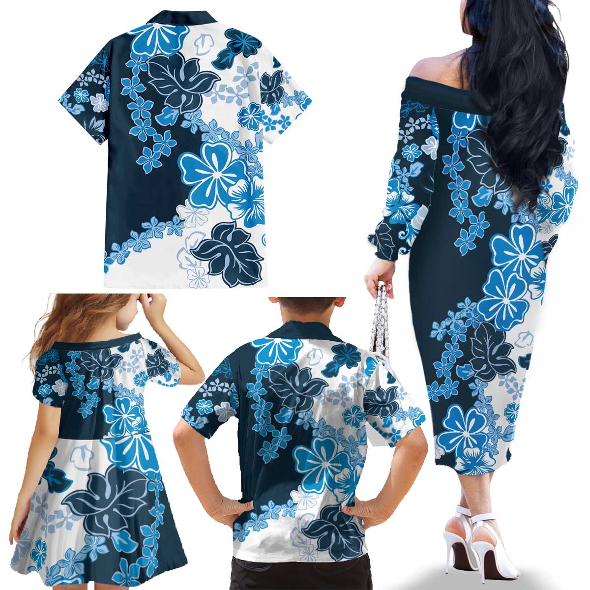 Blue Hibiscus Plumeria Floral Family Matching Off The Shoulder Long Sleeve Dress and Hawaiian Shirt LT01 - Polynesian Pride