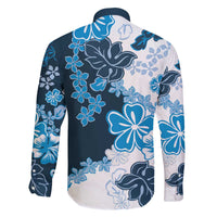 Blue Hibiscus Plumeria Floral Family Matching Off The Shoulder Long Sleeve Dress and Hawaiian Shirt LT01 - Polynesian Pride