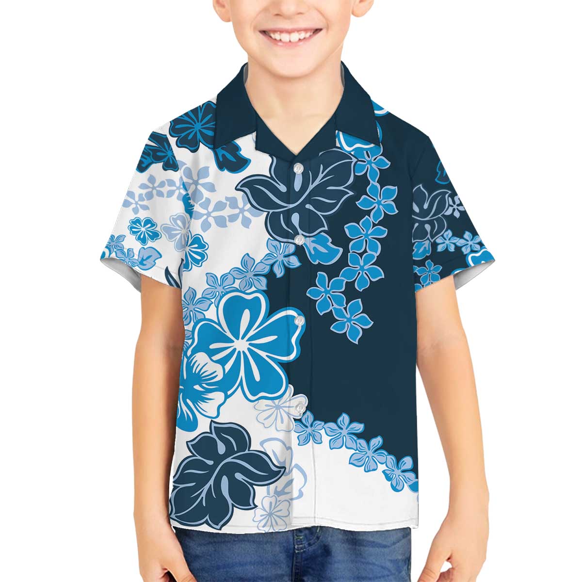 Blue Hibiscus Plumeria Floral Family Matching Off The Shoulder Long Sleeve Dress and Hawaiian Shirt LT01 Son's Shirt Blue - Polynesian Pride
