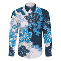 Blue Hibiscus Plumeria Floral Family Matching Off Shoulder Maxi Dress and Hawaiian Shirt LT01 Dad's Shirt - Long Sleeve Blue - Polynesian Pride