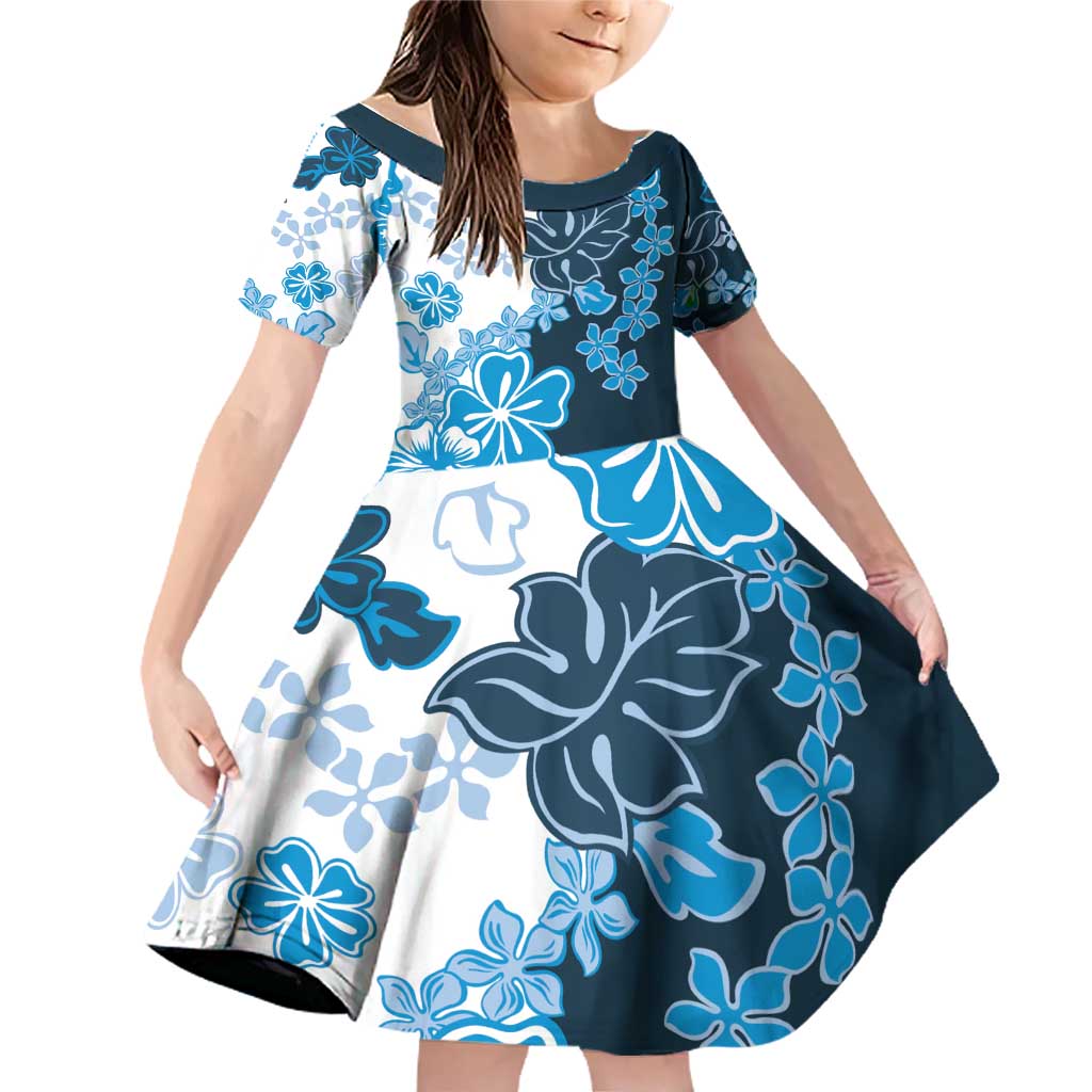 Blue Hibiscus Plumeria Floral Family Matching Off Shoulder Short Dress and Hawaiian Shirt LT01 Daughter's Dress Blue - Polynesian Pride