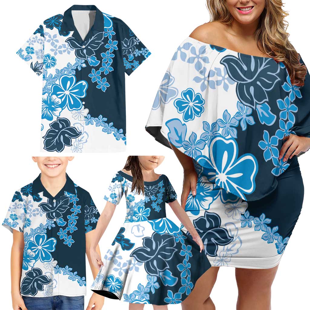 Blue Hibiscus Plumeria Floral Family Matching Off Shoulder Short Dress and Hawaiian Shirt LT01 - Polynesian Pride