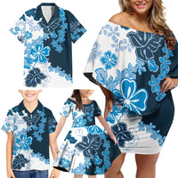 Blue Hibiscus Plumeria Floral Family Matching Off Shoulder Short Dress and Hawaiian Shirt LT01 - Polynesian Pride