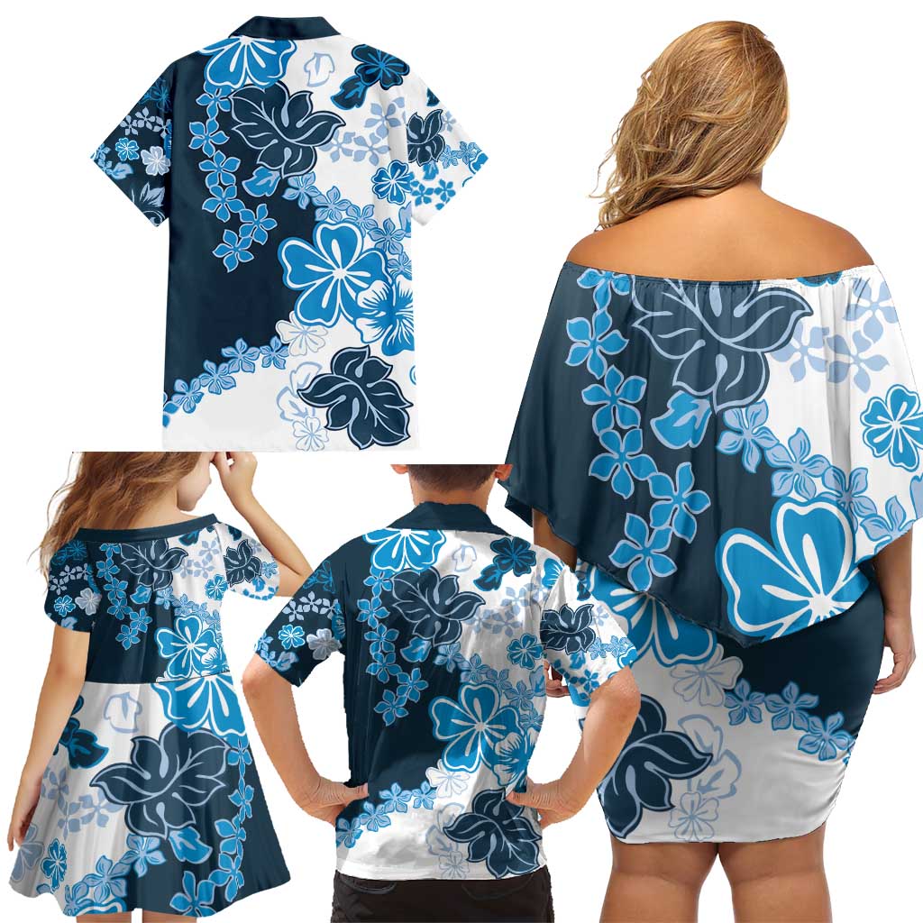 Blue Hibiscus Plumeria Floral Family Matching Off Shoulder Short Dress and Hawaiian Shirt LT01 - Polynesian Pride