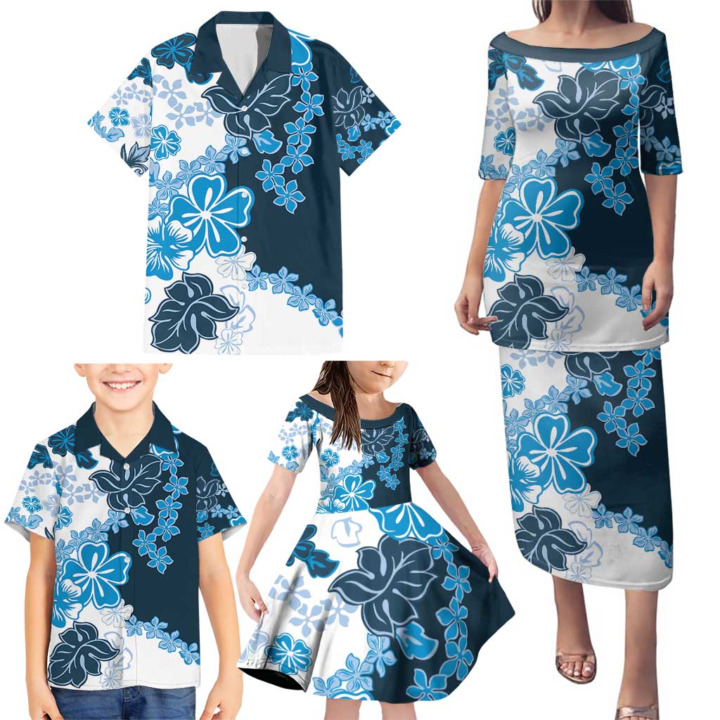 Blue Hibiscus Plumeria Floral Family Matching Puletasi and Hawaiian Shirt LT01 - Polynesian Pride