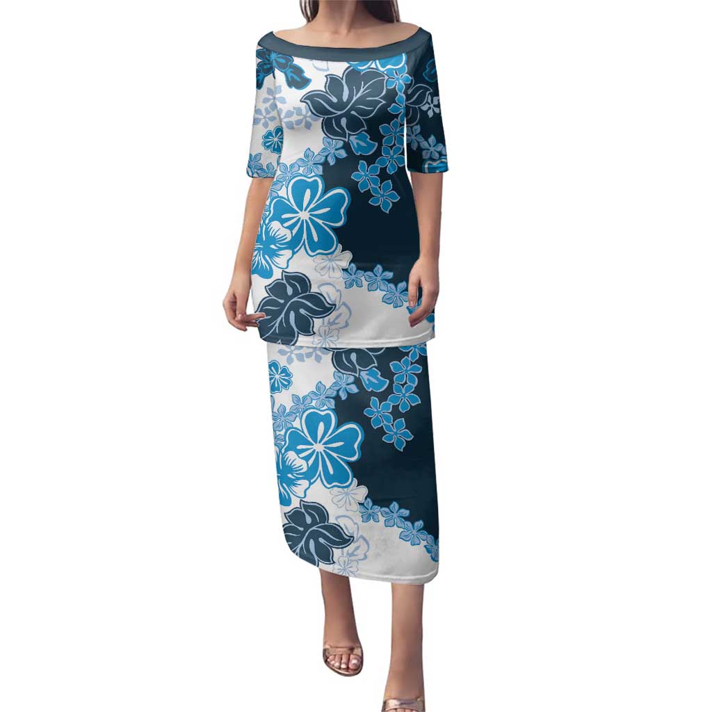 Blue Hibiscus Plumeria Floral Family Matching Puletasi and Hawaiian Shirt LT01 Mom's Dress Blue - Polynesian Pride