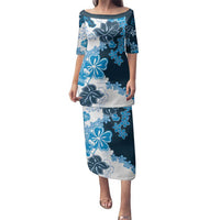 Blue Hibiscus Plumeria Floral Family Matching Puletasi and Hawaiian Shirt LT01 Mom's Dress Blue - Polynesian Pride