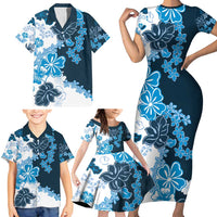 Blue Hibiscus Plumeria Floral Family Matching Short Sleeve Bodycon Dress and Hawaiian Shirt LT01 - Polynesian Pride
