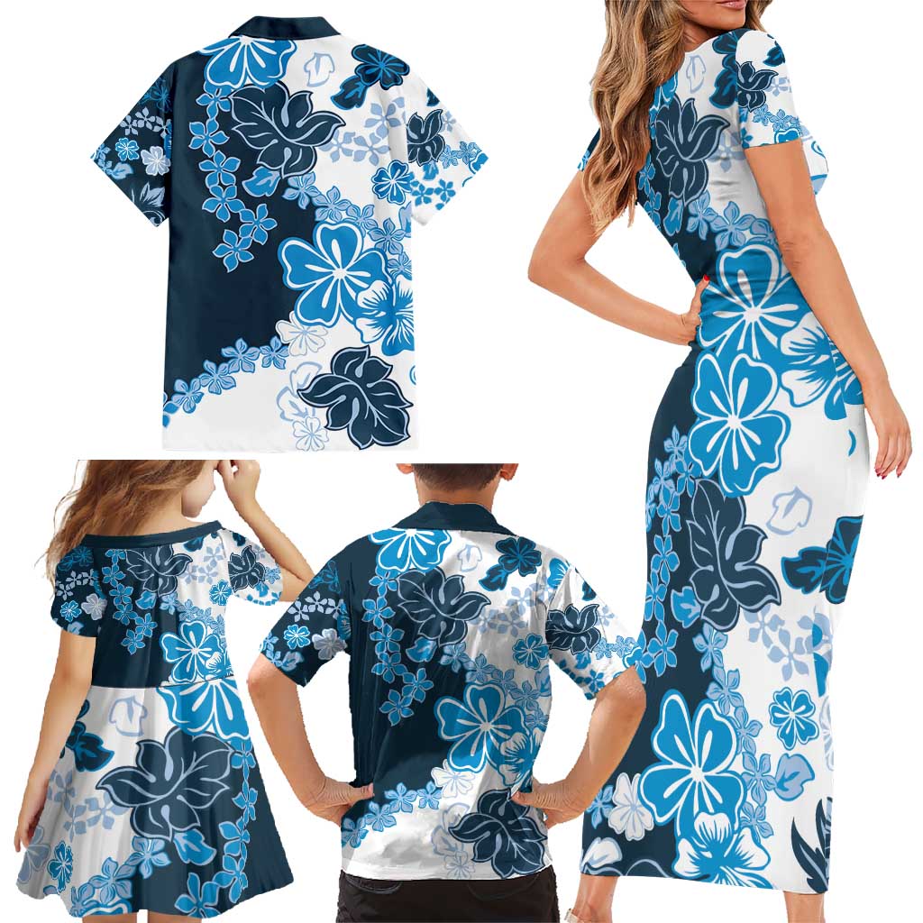 Blue Hibiscus Plumeria Floral Family Matching Short Sleeve Bodycon Dress and Hawaiian Shirt LT01 - Polynesian Pride