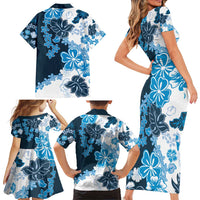Blue Hibiscus Plumeria Floral Family Matching Short Sleeve Bodycon Dress and Hawaiian Shirt LT01 - Polynesian Pride