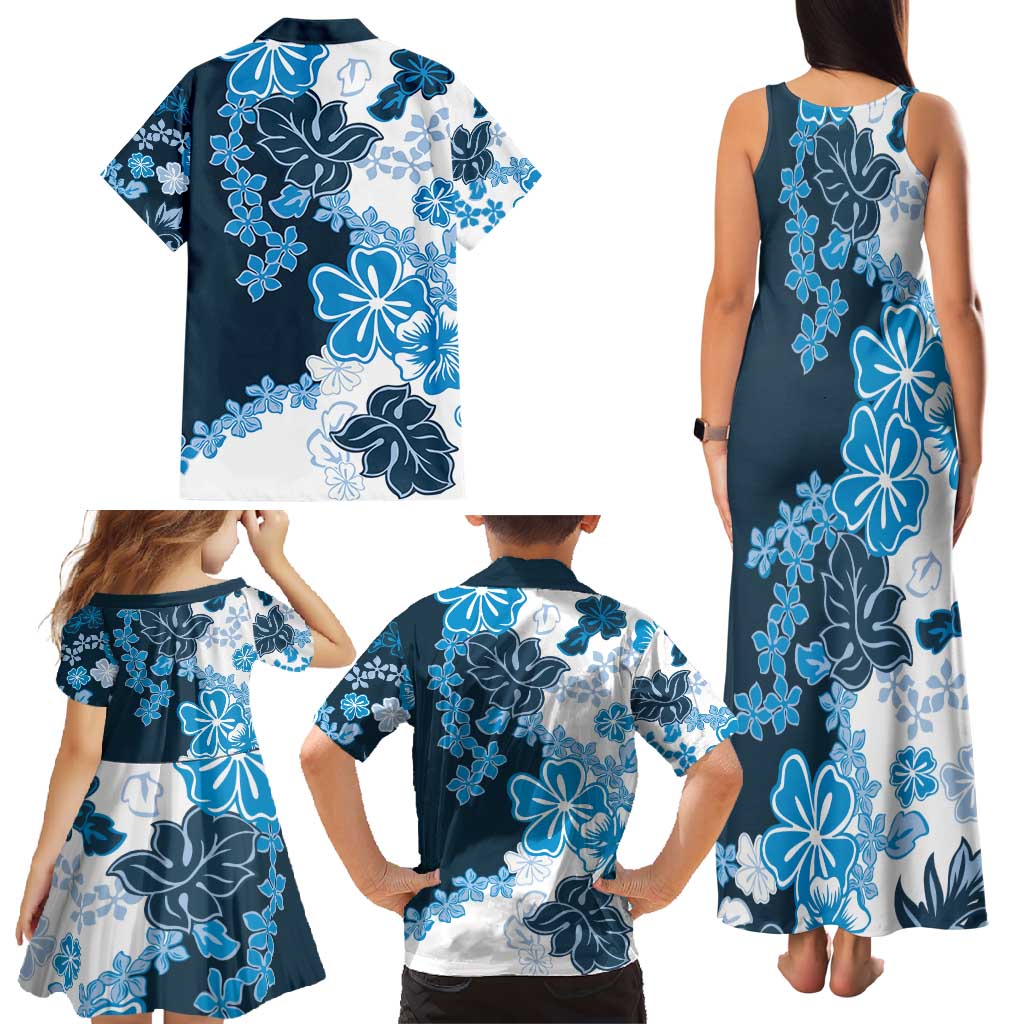 Blue Hibiscus Plumeria Floral Family Matching Tank Maxi Dress and Hawaiian Shirt LT01 - Polynesian Pride