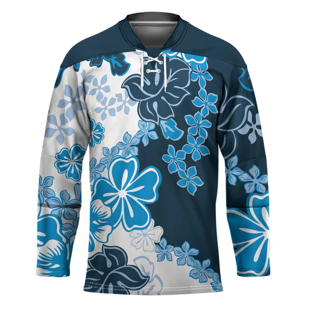 Blue Hibiscus Plumeria Floral Hockey Jersey - Polynesian Pride