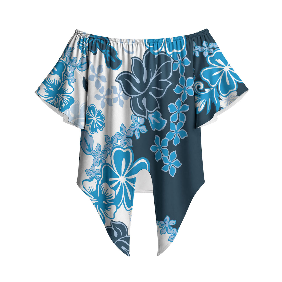 Blue Hibiscus Plumeria Floral Off Shoulder Wrap Waist Top LT01 Blue - Polynesian Pride