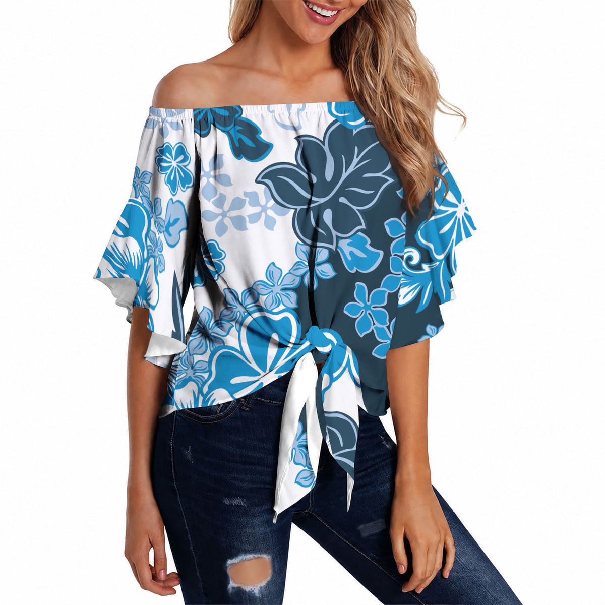 Blue Hibiscus Plumeria Floral Off Shoulder Wrap Waist Top LT01 - Polynesian Pride
