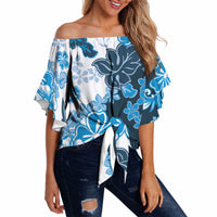 Blue Hibiscus Plumeria Floral Off Shoulder Wrap Waist Top LT01 - Polynesian Pride