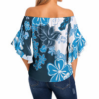 Blue Hibiscus Plumeria Floral Off Shoulder Wrap Waist Top LT01 - Polynesian Pride