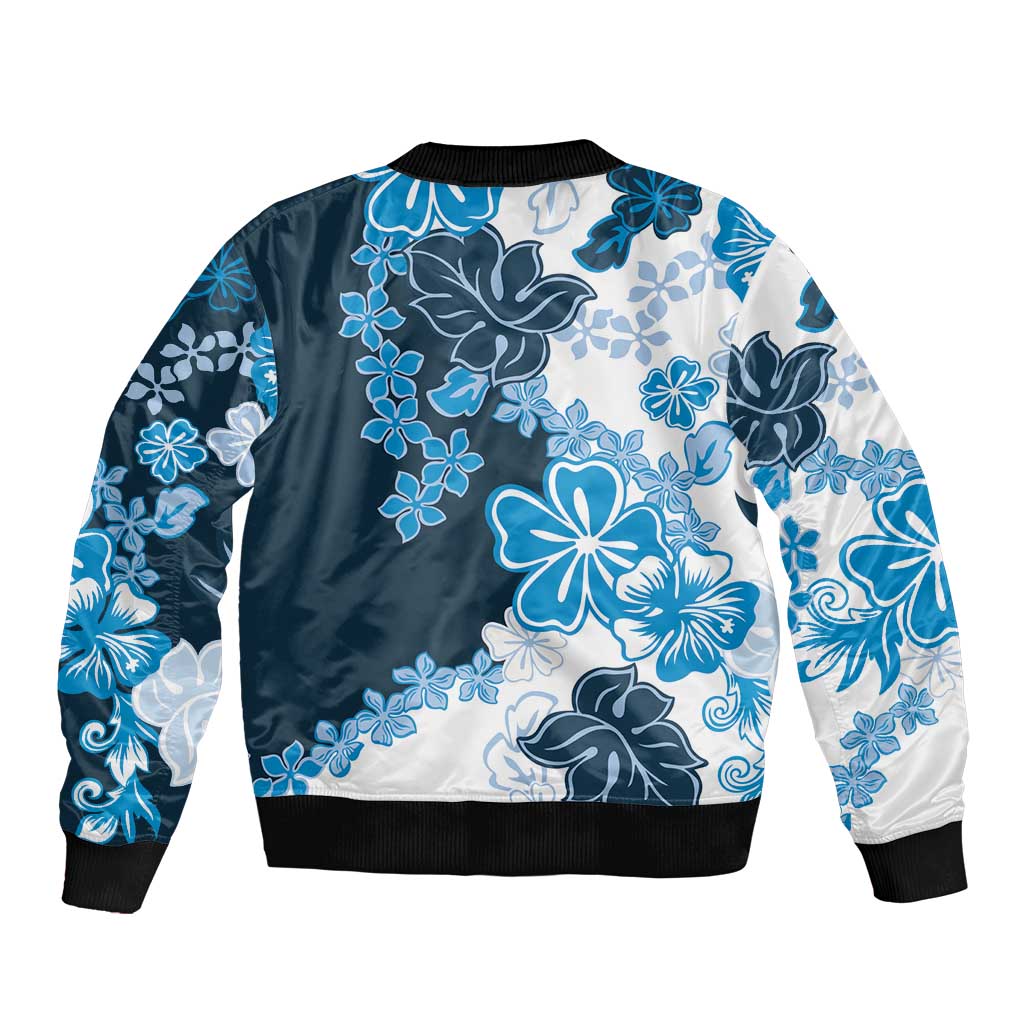 Blue Hibiscus Plumeria Floral Sleeve Zip Bomber Jacket - Polynesian Pride
