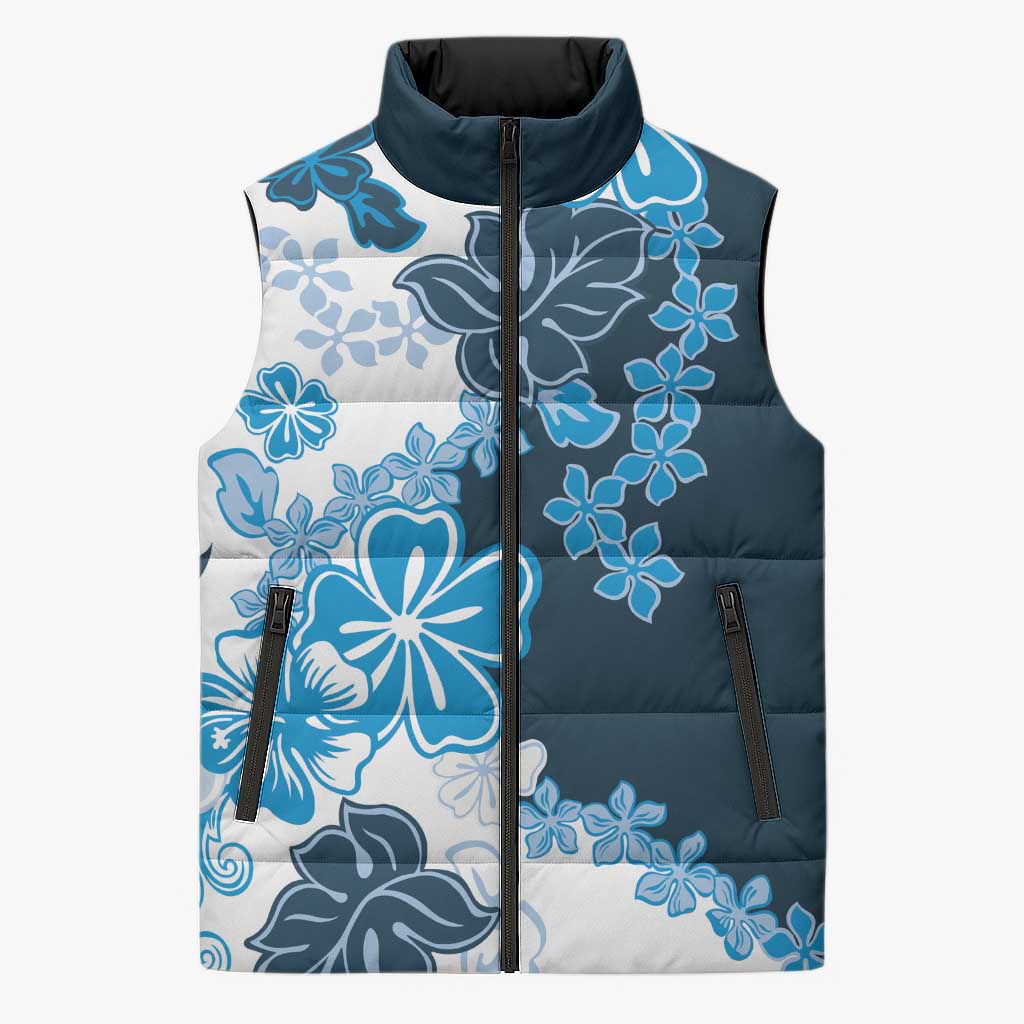 Blue Hibiscus Plumeria Floral Sleeveless Puffer Jacket - Polynesian Pride