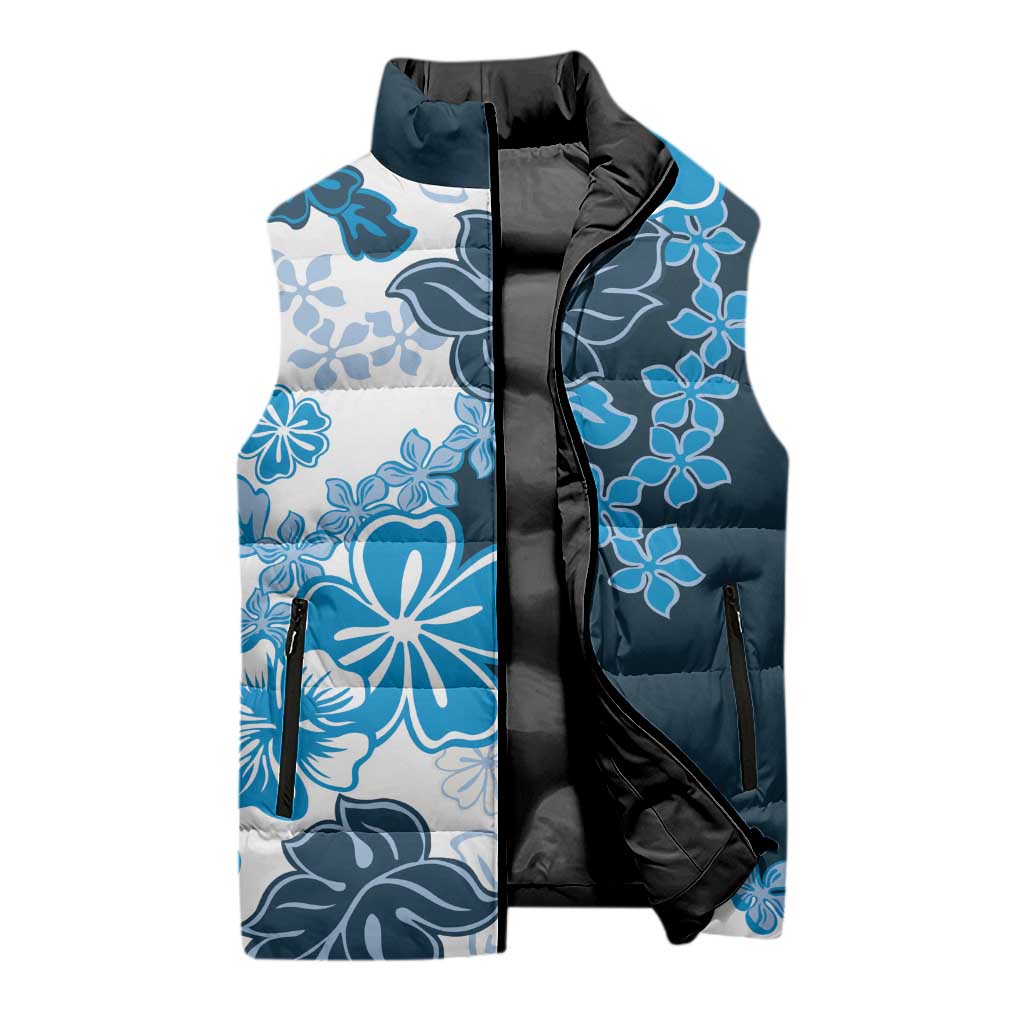 Blue Hibiscus Plumeria Floral Sleeveless Puffer Jacket - Polynesian Pride