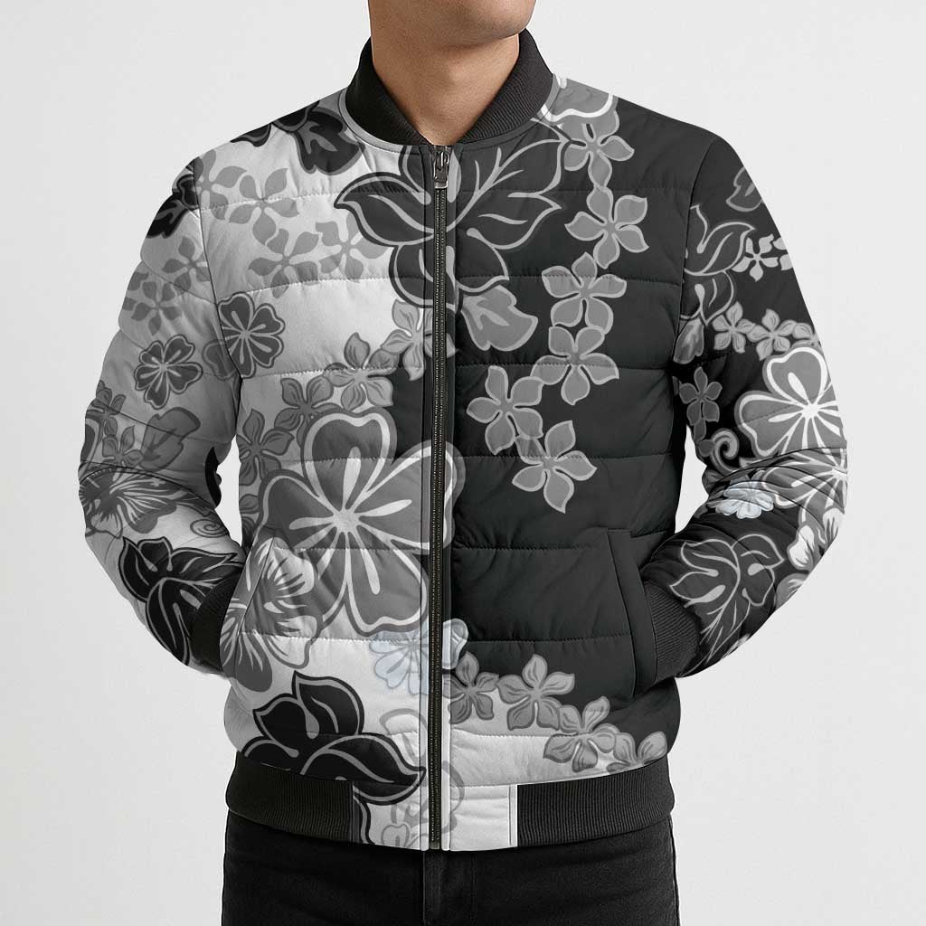 Gray Scale Hibiscus Plumeria Floral Bomber Puffer Jacket - Polynesian Pride