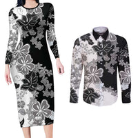Gray Scale Hibiscus Plumeria Floral Couples Matching Long Sleeve Bodycon Dress and Long Sleeve Button Shirt LT01 Black - Polynesian Pride