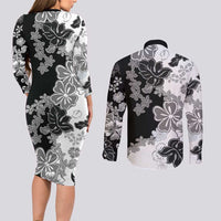 Gray Scale Hibiscus Plumeria Floral Couples Matching Long Sleeve Bodycon Dress and Long Sleeve Button Shirt LT01 - Polynesian Pride