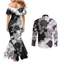 Gray Scale Hibiscus Plumeria Floral Couples Matching Mermaid Dress and Long Sleeve Button Shirt LT01 - Polynesian Pride