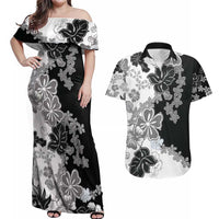 Gray Scale Hibiscus Plumeria Floral Couples Matching Off Shoulder Maxi Dress and Hawaiian Shirt LT01 Black - Polynesian Pride