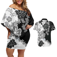 Gray Scale Hibiscus Plumeria Floral Couples Matching Off Shoulder Short Dress and Hawaiian Shirt LT01 Black - Polynesian Pride