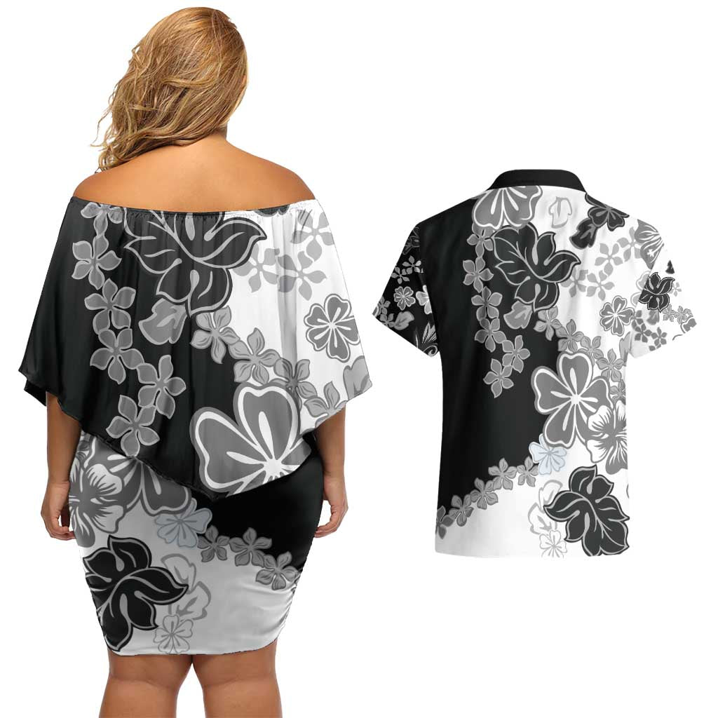 Gray Scale Hibiscus Plumeria Floral Couples Matching Off Shoulder Short Dress and Hawaiian Shirt LT01 - Polynesian Pride