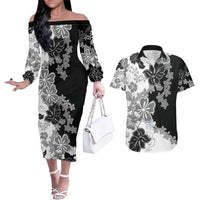 Gray Scale Hibiscus Plumeria Floral Couples Matching Off The Shoulder Long Sleeve Dress and Hawaiian Shirt LT01 Black - Polynesian Pride