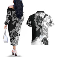 Gray Scale Hibiscus Plumeria Floral Couples Matching Off The Shoulder Long Sleeve Dress and Hawaiian Shirt LT01 - Polynesian Pride