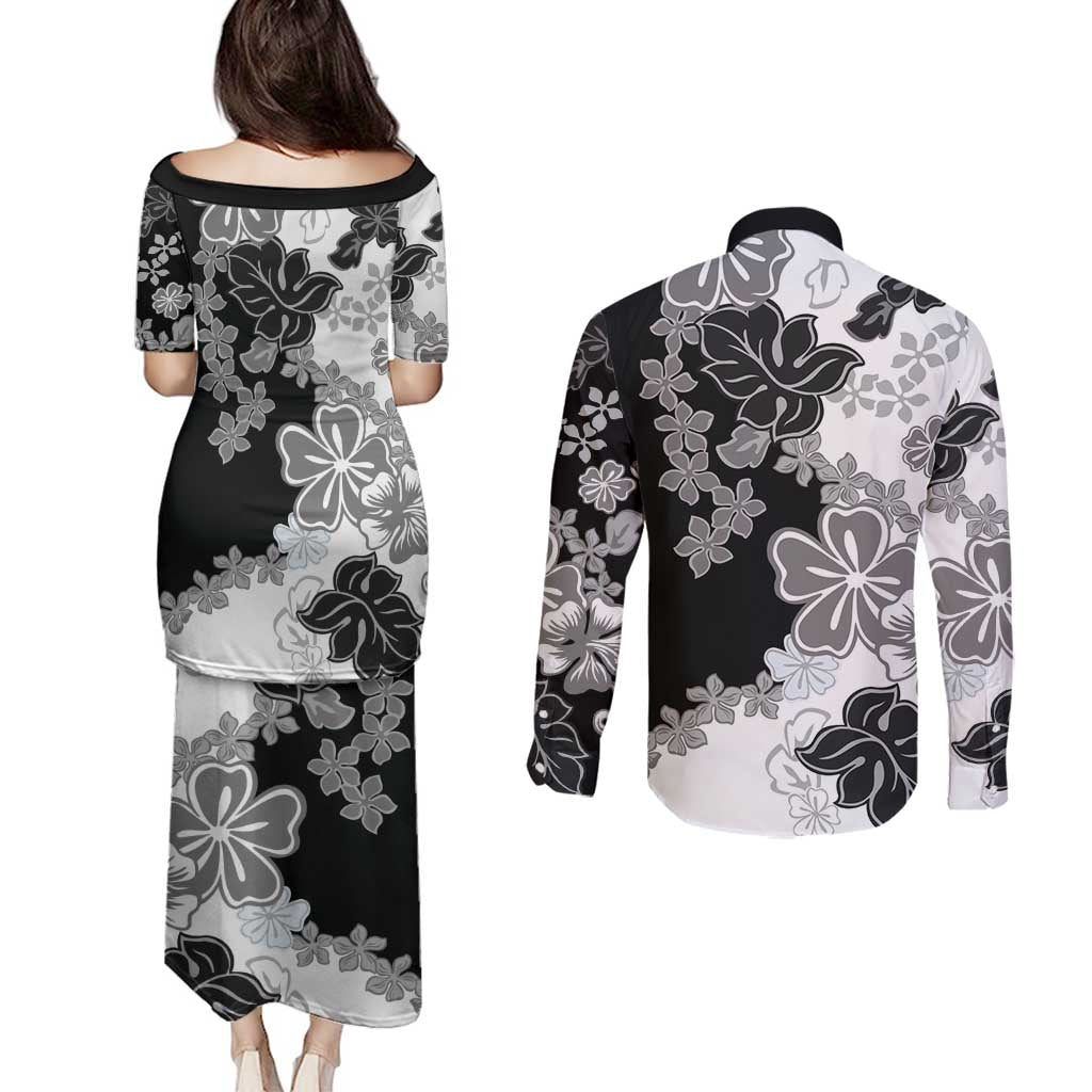Gray Scale Hibiscus Plumeria Floral Couples Matching Puletasi and Long Sleeve Button Shirt - Polynesian Pride