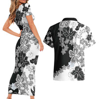 Gray Scale Hibiscus Plumeria Floral Couples Matching Short Sleeve Bodycon Dress and Hawaiian Shirt LT01 - Polynesian Pride