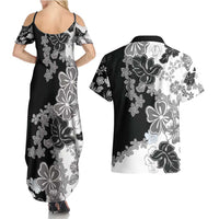 Gray Scale Hibiscus Plumeria Floral Couples Matching Summer Maxi Dress and Hawaiian Shirt LT01 - Polynesian Pride