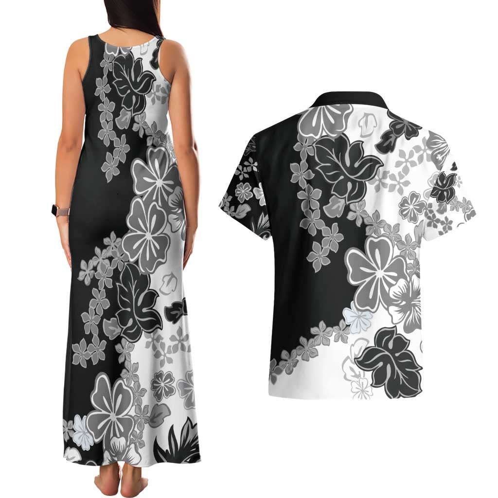 Gray Scale Hibiscus Plumeria Floral Couples Matching Tank Maxi Dress and Hawaiian Shirt LT01 - Polynesian Pride