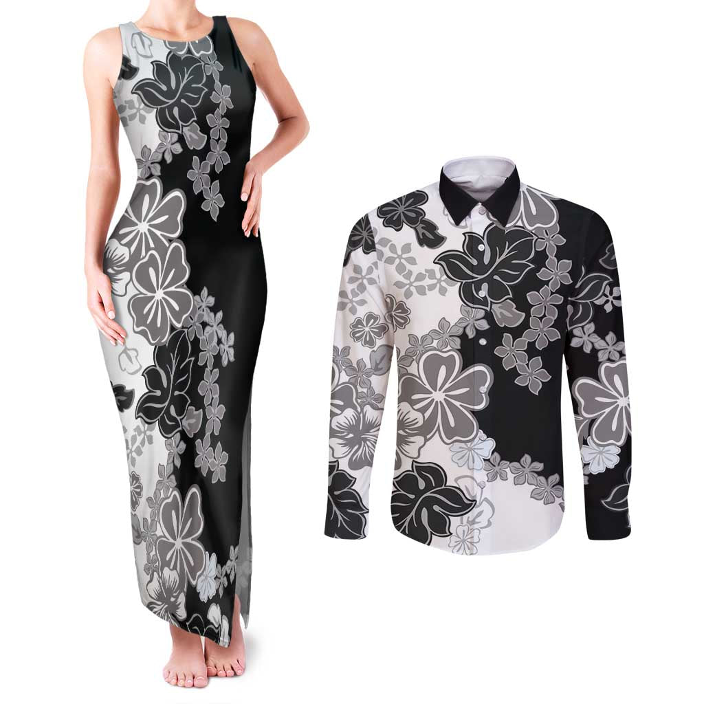 Gray Scale Hibiscus Plumeria Floral Couples Matching Tank Maxi Dress and Long Sleeve Button Shirt - Polynesian Pride